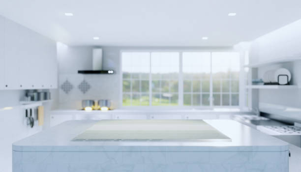 istock Wood countertop product display and blurred kitchen background. 1249692835