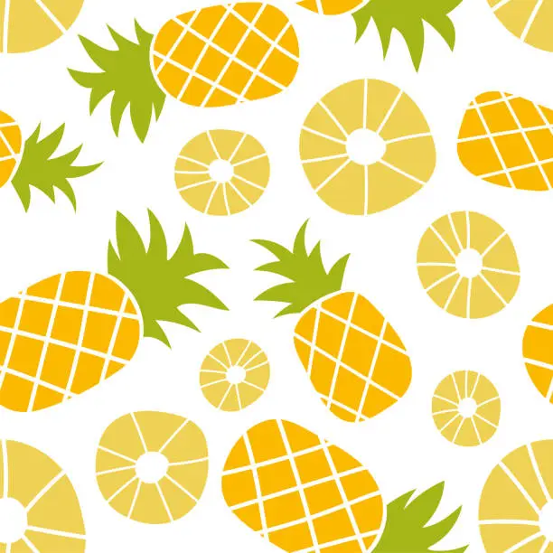 Vector illustration of Pineapple seamless pattern. Hand drawn fresh slice of ananas. Vector sketch background. Color doodle wallpaper. Exotic tropical fruit. Fashion design. Food print for kitchen tablecloth, curtain or dishcloth