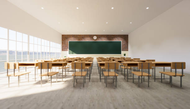 istock 3d rendering of classroom interior and empty green board background. 1249693786
