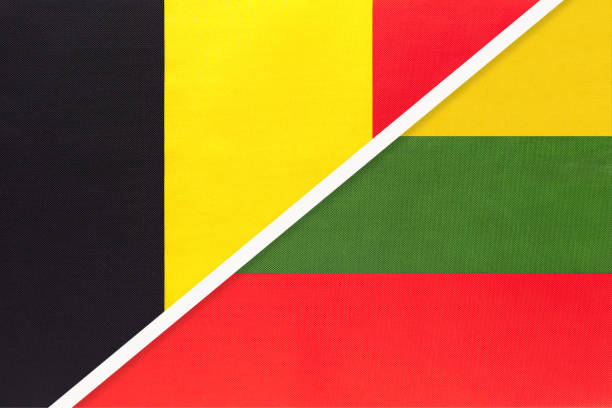 istock Belgium and Lithuania, symbol of two national flags from textile. Championship between two European countries. 1249696388