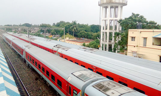 LHB passenger coaches of Indian Railways converted into quarantine/isolation wards for corona virus patients. High angel view. Mumbai, Central Railway, India, South Asia Pac. May 15, 2020