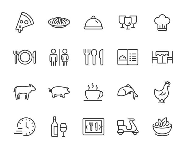 ilustrações de stock, clip art, desenhos animados e ícones de set of restaurant icons, chef, menu, kitchen, drinks, meal, food - main course