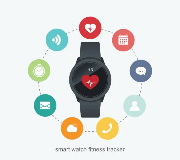 Vector illustration of Fitness tracker technology data with applications in smartwatch.