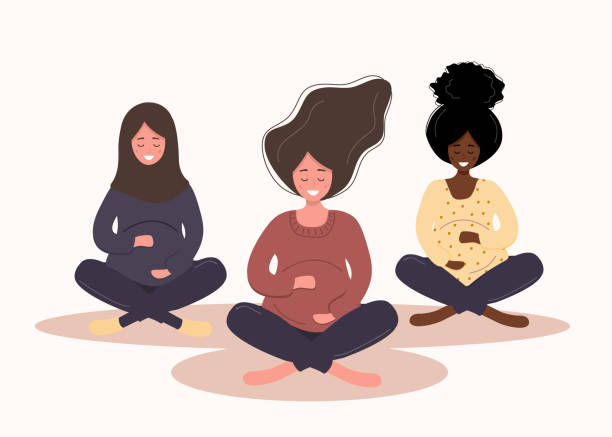 ilustrações de stock, clip art, desenhos animados e ícones de pregnant women in the lotus position. modern vector illustration in flat style isolated on soft background. collection healthy lifestyle and relaxation. happy pregnancy concept. - relaxation exercise child mother human pregnancy