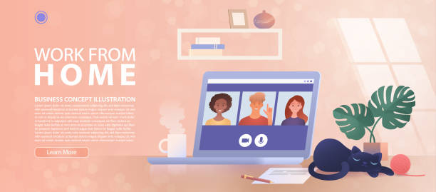 Work from Home, new normal concept. A business group meeting being held via a video conference call at home. Remote work, online webinar concept landing page. Conceptual vector illustration. New Normal lifestyle concept design. Visual communication vector infographic and illustration of telecommuting. new normal concept stock illustrations