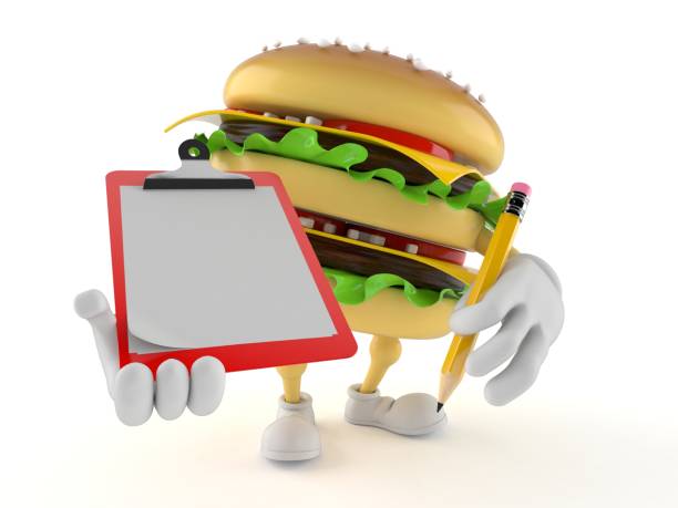 Hamburger character holding clipboard and pencil Hamburger character holding clipboard and pencil isolated on white background. 3d illustration beef pad stock pictures, royalty-free photos & images