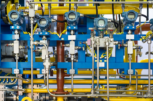 Complex control system of gas equipment. Many pipelines, sensors and digital pressure gauges.