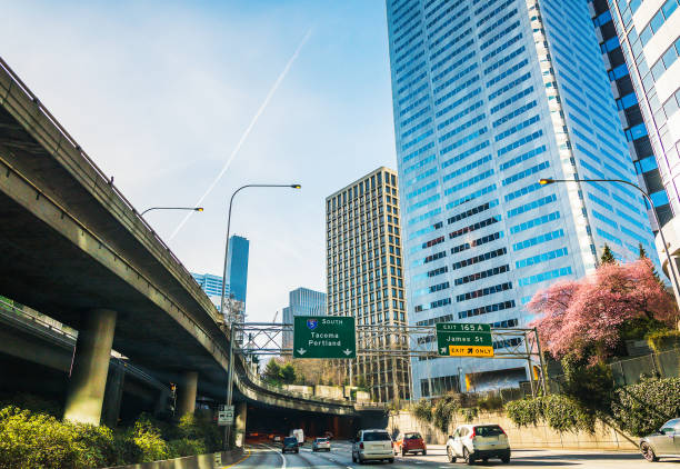 istock drive in to downtown on the evening. 1249711819
