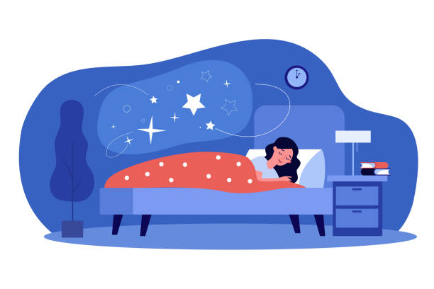 Woman sleeping in her bedroom Woman sleeping in her bedroom. Peaceful person resting in bed with stars in cloud bubble. Flat vector illustration for dream, comfort, night, nighttime topics sleep stock illustrations