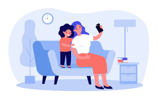 행복한 엄마 과 달콤한 딸 복용 셀카 에 스마트폰 - family house flash stock illustrations