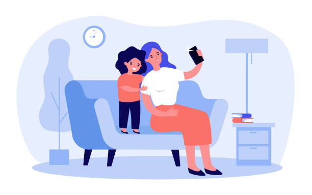 ilustrações de stock, clip art, desenhos animados e ícones de happy mom and sweet daughter taking selfie on smartphone - happy kid flash