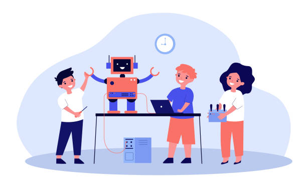 School robotics project School robotics project. Group of children with laptop and remote control creating cyborg, presenting humanoid robot. Flat vector illustration for childhood activity, education, innovation concept child robot class stock illustrations