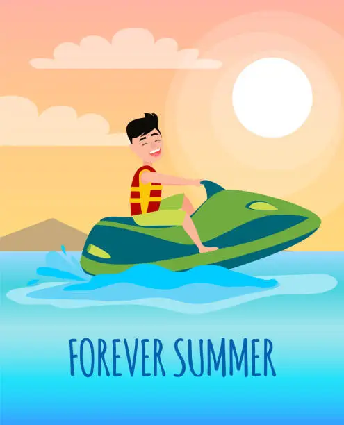 Vector illustration of Forever Summer Poster with Boy Riding on Jet Ski