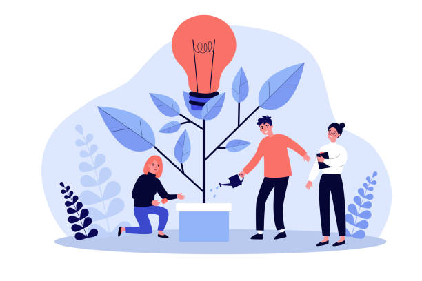 Business team watering innovation plant Business team watering innovation plant, growing tree with lightbulb. People having idea for eco future, environment, electricity. Flat vector illustration for teamwork, economy, climate concept breaking new ground illustrations stock illustrations