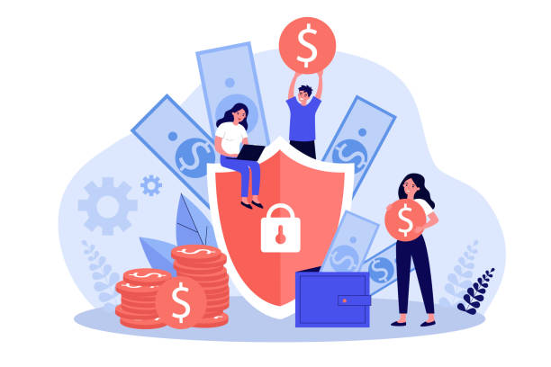 Money insurance concept Money insurance concept. People protecting their cash and savings with shield. Flat vector illustration for safe loan, assurance, finance, guarantee topics insurance stock illustrations