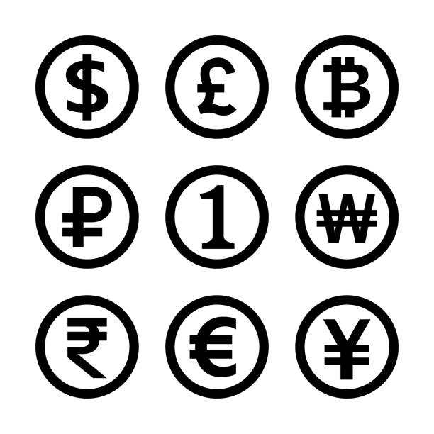 ilustraciones, imágenes clip art, dibujos animados e iconos de stock de símbolo de dinero negro conjunto aislado en blanco, icono de moneda internacional gráfico plano, símbolo de dinero de oro para clip art financiero, dinero moneda signo otros, dólar, euro, baht, yen, uno, 1, ganado, rupia - coin china japanese currency finance