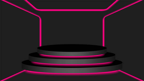 istock black circle pedestal 3d and pink light neon lamp glowing, cosmetics display modern and led light, podium stage show for position decor pink fluorescent glow light, pedestal box for product place 1249715421
