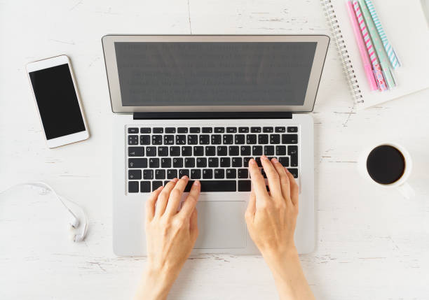 istock Work from home, online shopping, learning. White desk, old table. Top view. 1249715636