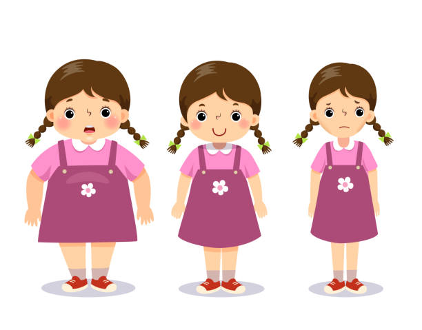 ilustrações de stock, clip art, desenhos animados e ícones de vector illustration cute cartoon fat girl, average girl, and skinny girl. girl with different weight. - dieting overweight weight scale healthcare and medicine