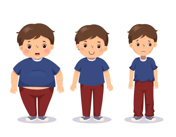 Vector illustration of Vector illustration cute cartoon fat boy, average boy, and skinny boy. Boy with different weight.