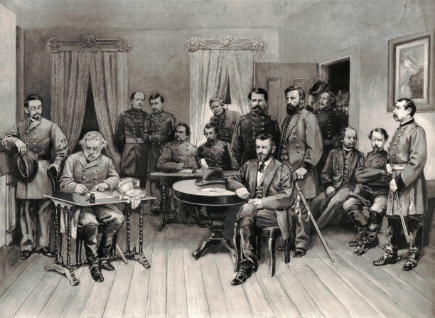 Surrender of Robert E. Lee Vintage illustration at the Appomattox Court House in Virginia depicts Confederate General Robert E. Lee surrendering his 28,000 troops to Union General Ulysses S. Grant on April 9, 1865, effectively ending the American Civil War. the general lee stock illustrations
