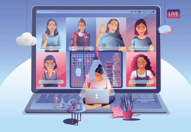 illustrazioni stock, clip art, cartoni animati e icone di tendenza di atterraggio della videoconferenza. persone sullo schermo del computer che prendono con i colleghi. videoconferenza e pagina vettoriale dello spazio di lavoro delle riunioni online uomo e donna. auto-quarantena per evitare covid -19 illustrazione stock - cfr