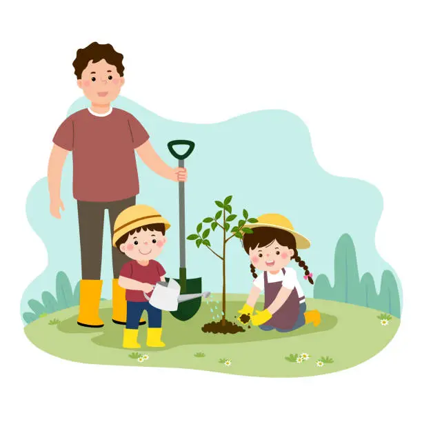 Vector illustration of Vector illustration of a cartoon happy children helping their father planting the young tree. Family enjoying time at home concept.