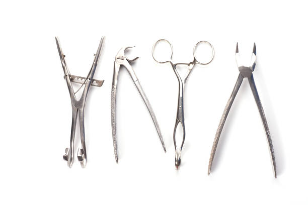 istock Row of various dental tools isolated on white 1249721984