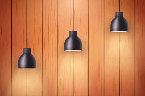 Interior of wooden wall with vintage pedant lamps. Concept of trendy interior. Background of loft or showroom. Vector Illustration