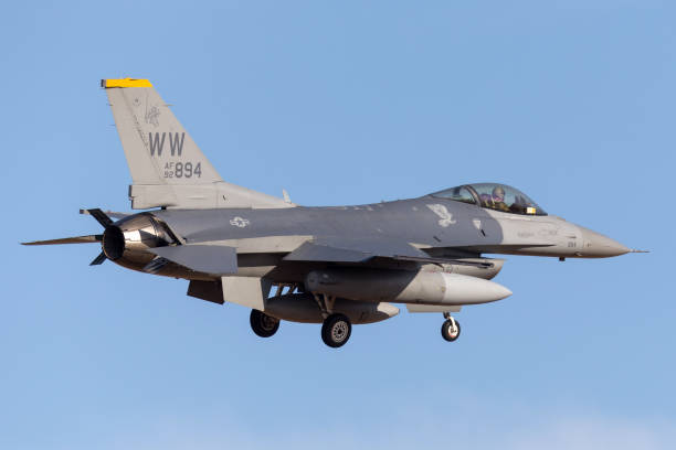 United Staes Air Force Lockheed F-16CJ on approach to land at Avalon Airport. Avalon, Australia - February 22, 2013: United Staes Air Force (USAF) Lockheed F-16CJ Fighting Falcon 92-3894 from the 14th Fighter Squadron, 35th Fighter Wing on approach to land at Avalon Airport. misawa japan stock pictures, royalty-free photos & images