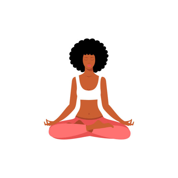 요가 연꽃 포즈에 앉아 있는 아프로 미국 여자 - meditating practicing yoga body stock illustrations