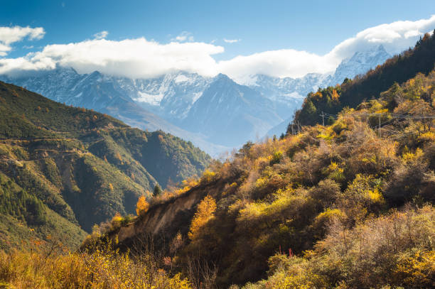 Winter mountain land scape background Nature landscape view of Yading / Shangrila with yellow mountain in autumn, Sichuan, China,tibet Winter mountain land scape background Nature landscape view of Yading / Shangrila with yellow mountain in autumn, Sichuan, China,tibet meili mountains photos stock pictures, royalty-free photos & images