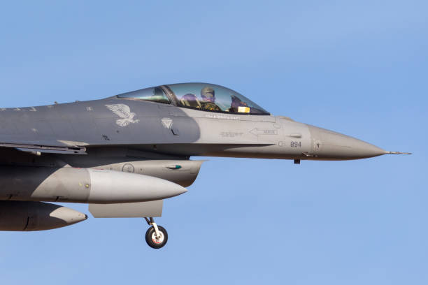 United Staes Air Force Lockheed F-16CJ on approach to land at Avalon Airport. Avalon, Australia - February 22, 2013: United Staes Air Force (USAF) Lockheed F-16CJ Fighting Falcon 92-3894 from the 14th Fighter Squadron, 35th Fighter Wing on approach to land at Avalon Airport. misawa japan stock pictures, royalty-free photos & images