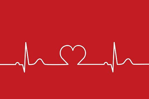 Heart rhythm. Healthcare concept. White on red background. Medical bkg. Vector illustration, flat, clip art.