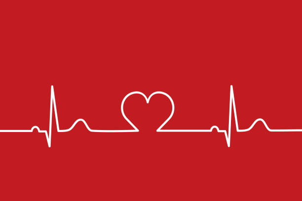 Heartbeat line with heart in the middle. Normal electrocardiogram, EKG, ECG. Pulse rate. Heart rhythm. Healthcare concept. White on red background. Medical bkg. Vector illustration, flat, clip art. listening to heartbeat stock illustrations