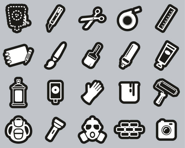 Stencil & Street Art Icons White On Black Sticker Set Big This image is a illustration and can be scaled to any size without loss of resolution. backpack sprayer stock illustrations
