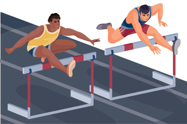 istock hurdle race, two men compete and jump over the hurdle on the run, 1249723323