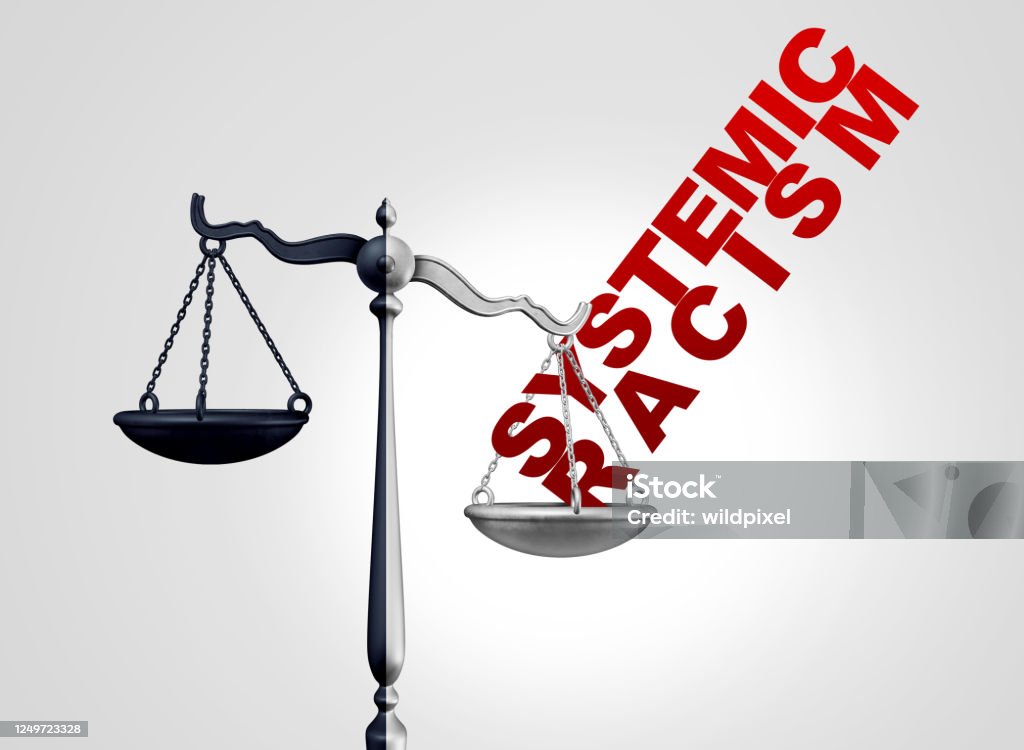 Systemic Racism Systemic racism and government discrimination in the justice system as illegal racist policy in law and cultural prejudice concept as a 3D render. Racism Stock Photo