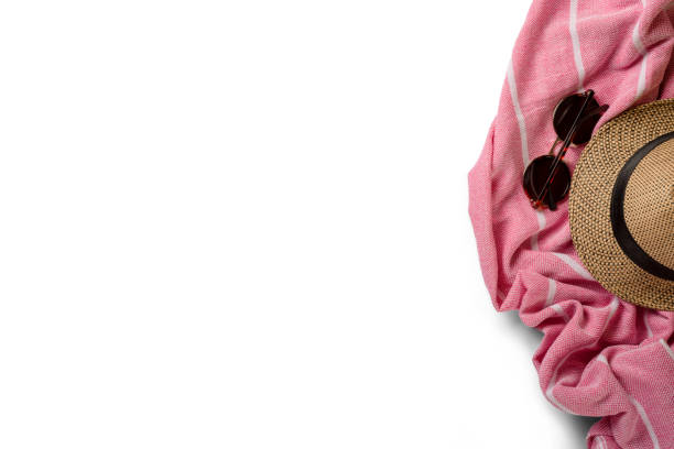 istock Hat, towel and sunglasses. Top view. Summer holiday concept element. Isolated on white background. 1249724932