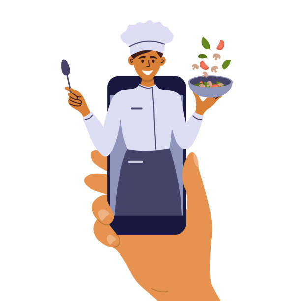 Human hand holding smartphone with young chef woman on screen preparing healthy food online Cooking classes on mobile phone. Smiling woman preparing healthy food online. Culinary blog with recipe of vegetable salad. Human hand holding smartphone with young chef on screen. Vector illustration chefs whites stock illustrations