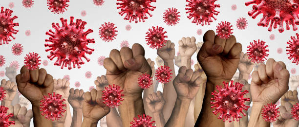 Pandemic Outbreak Demonstration Pandemic outbreak demonstration and crowd of protesters protesting during coronavirus or covid-19 virus or flu spread as hands in a fist of diverse people demontrating with 3D illustration elements riot photos stock pictures, royalty-free photos & images