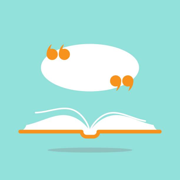 istock Open book with red book cover, white speech bubble and quote marks. Isolated on turquoise. 1249725333