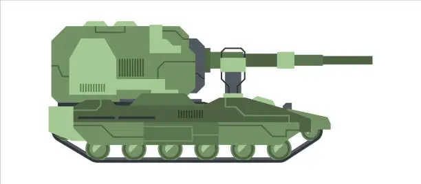 Vector illustration of Military self propelled artillery camouflage. Heavy caterpillar green sau howitzer mortal gun long range with large caliber armored protection bullets fragments shells. Cartoon battle vector.