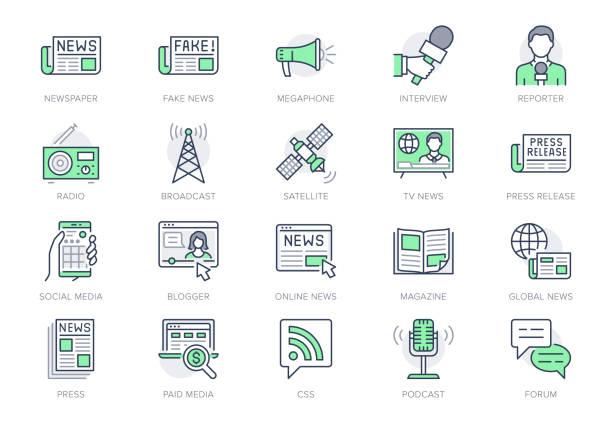 nachrichtenzeilensymbole. vektor-illustration enthalten ikone als zeitung, massenmedien, journalist, fake, tv-broadcast-umriss-piktogramm für die online-presse. bearbeitbarer strich, grüne farbe - medienberuf stock-grafiken, -clipart, -cartoons und -symbole