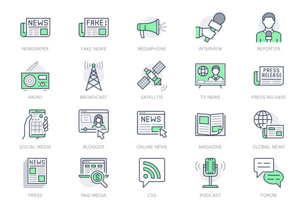 News line icons. Vector illustration included icon as newspaper, mass media, journalist, fake, television broadcasting outline pictogram for online press. Editable Stroke, Green Color News line icons. Vector illustration included icon as newspaper, mass media, journalist, fake, television broadcasting outline pictogram for online press. Editable Stroke, Green Color. radio icons stock illustrations