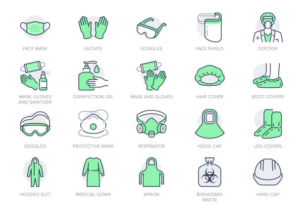 Medical PPE line icons. Vector illustration included icon as face mask, gloves, doctor gown, hair cover, biohazard waste, outline pictogram of protective equipment. Editable Stroke, Green Color Medical PPE line icons. Vector illustration included icon as face mask, gloves, doctor gown, hair cover, biohazard waste, outline pictogram of protective equipment. Editable Stroke, Green Color. protective workwear stock illustrations