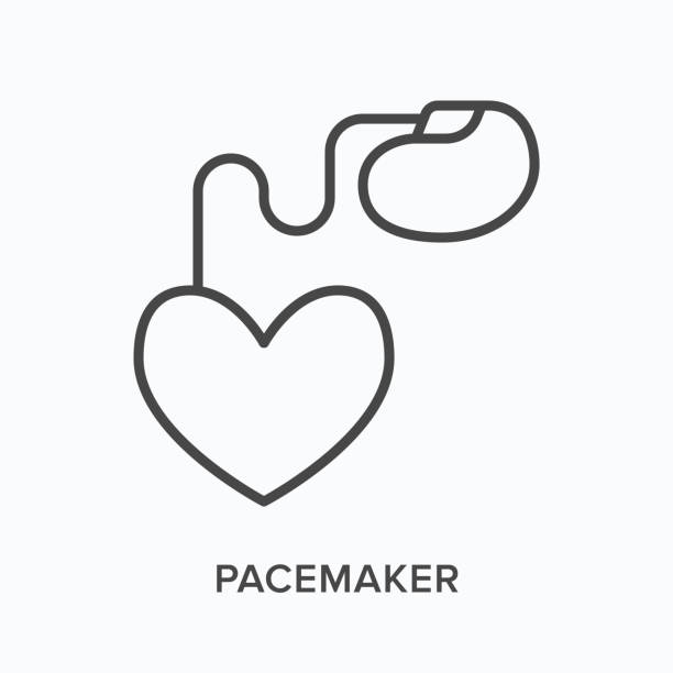 pacemaker flachelinie symbol. vektor-umriss-illustration des herzens mit schrittmacher. kardiovaskuläre, kardiologische dünne lineare medizinische piktogramm - herzschrittmacher stock-grafiken, -clipart, -cartoons und -symbole