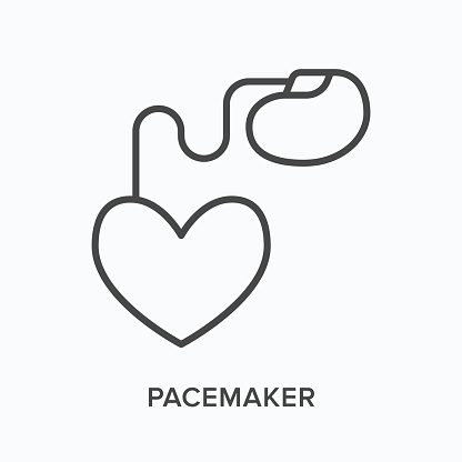Pacemaker flat line icon. Vector outline illustration of heart with pace maker. Cardiovascular, cardiology thin linear medical pictogram.