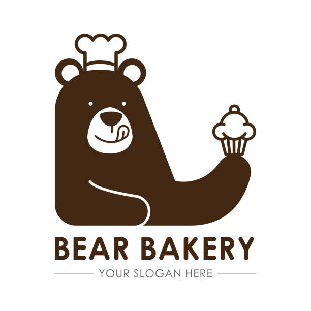 Bear Bakery Template. Brown Bear Chef bakery, delicious sweets and desserts template, flat design vector isolated white background. official bear stock illustrations
