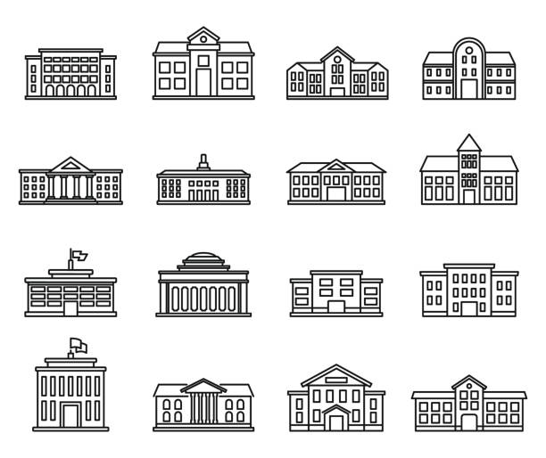 University campus icons set, outline style University campus icons set. Outline set of university campus vector icons for web design isolated on white background oxfordshire stock illustrations